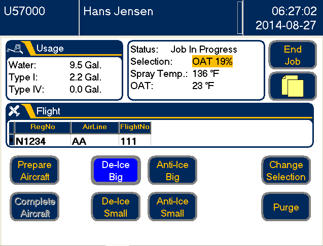Usage: Water 9.5 Gal, Type I: 2.2 Gal, Type IV: 0 Gal. Status: Job In Progress, OAT 19%, Spray Temp: 138°F, OAT: 23°F.