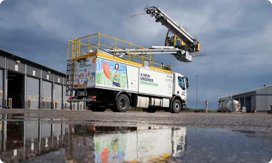 Utility truck with a raised aerial lift, parked near warehouses, reflecting in a puddle under a cloudy sky.