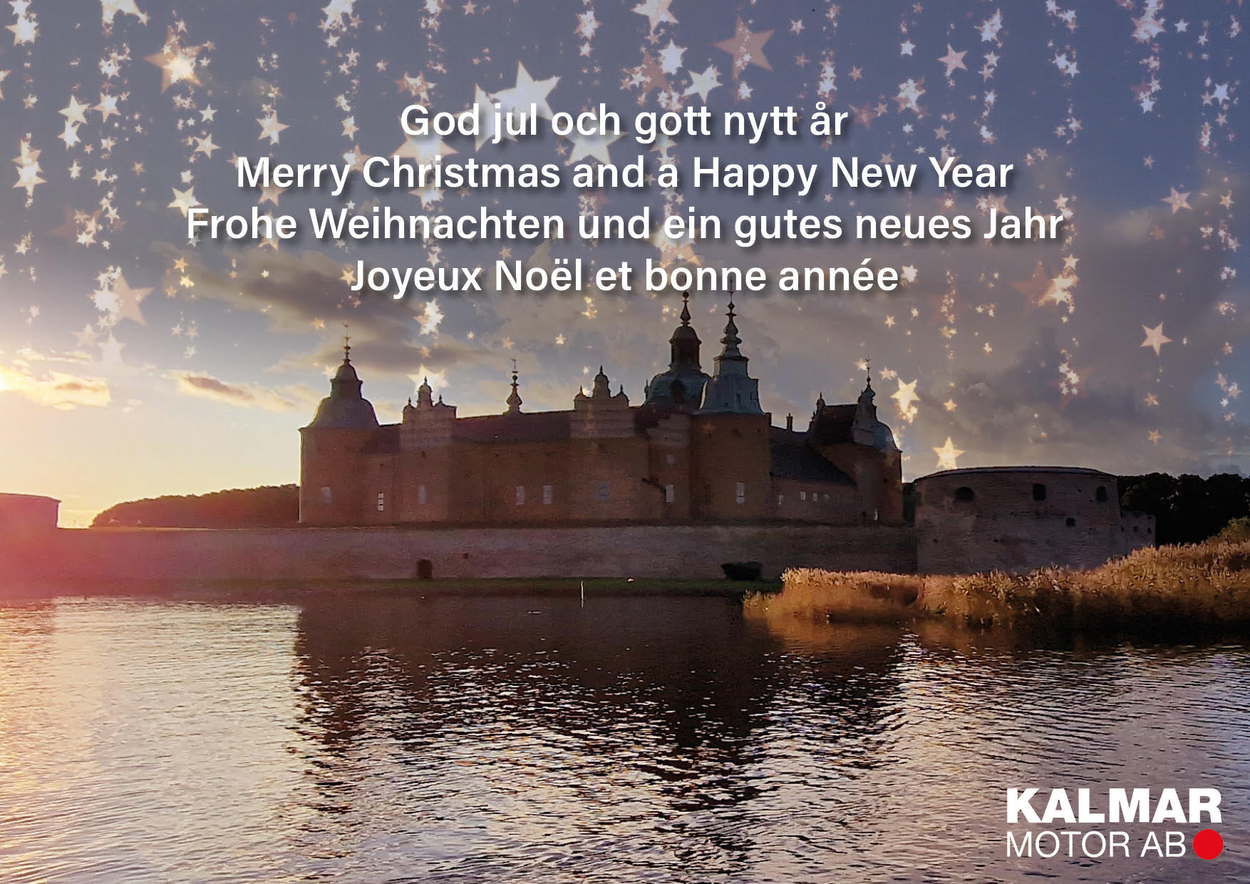 "Text: 'God jul och gott nytt år', 'Merry Christmas and a Happy New Year', 'Kalmar Motor AB' with a castle by a river."